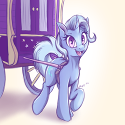Size: 2000x2000 | Tagged: safe, artist:draft the filmmaker, trixie, pony, unicorn, g4, abstract background, cute, diatrixes, female, happy, high res, horn, looking at you, mare, missing accessory, open mouth, open smile, smiling, solo, trixie's wagon, wagon