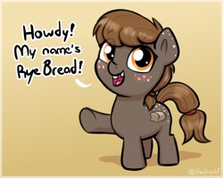 Size: 1620x1298 | Tagged: safe, artist:heretichesh, oc, oc only, oc:rye bread, earth pony, pony, butt freckles, cute, ear freckles, female, filly, foal, freckles, gradient background, ocbetes, open mouth, open smile, smiling, solo, talking to viewer, tooth gap, unshorn fetlocks
