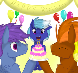 Size: 2241x2100 | Tagged: safe, artist:windy, oc, oc only, oc:noxy, oc:windflyer, oc:windy dripper, pegasus, pony, adorable face, balloon, birthday, cake, candle, colored pupils, cute, fangs, fluffy, food, high res, holding, multicolored hair, open mouth, party, pegasus oc, simple background, sitting, two toned mane, wings