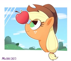 Size: 1725x1478 | Tagged: safe, artist:mar0x8, applejack, earth pony, pony, g4, apple, balancing, bust, cute, eye clipping through hair, female, food, jackabetes, mare, no pupils, ponies balancing stuff on their nose, portrait, profile, scenery, smiling, solo