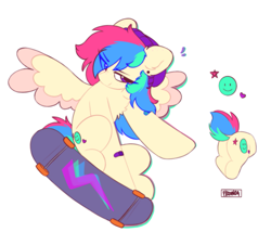 Size: 1273x1153 | Tagged: safe, artist:flixanoa, oc, oc only, oc:360, pegasus, pony, cute, ear fluff, eye clipping through hair, female, floating, floppy ears, freckles, happy, long mane, mare, reference sheet, short tail, simple background, skateboard, solo, tail, white background, wings