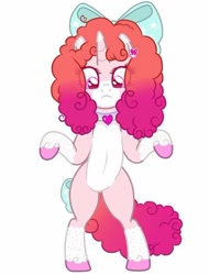 Size: 480x631 | Tagged: safe, artist:crystal yazaran, oc, oc only, pony, unicorn, bipedal, bow, coat markings, collar, colored eartips, colored hooves, cropped, eye clipping through hair, facial markings, female, gradient mane, gradient tail, hair bow, heart collar, horn, pale belly, pink coat, pink eyes, pink hair, poofy mane, poofy tail, simple background, snip (coat marking), socks (coat markings), solo, tail, template, unicorn oc, white background