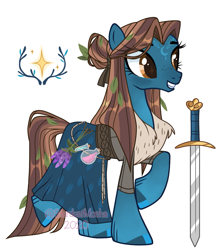 Size: 1133x1300 | Tagged: safe, artist:stardust-mocha, oc, oc only, oc:highland merry, earth pony, pony, belt, clothes, coat, female, flower, fur coat, grin, leaf, leaves, mare, markings, potion, raised hoof, raised leg, rope, scotland, simple background, skirt, smiling, solo, sword, tattoo, thistle, transparent background, weapon