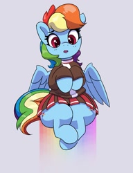 Size: 737x960 | Tagged: safe, alternate version, artist:pabbley, rainbow dash, pegasus, pony, g4, aggie.io, cel shading, cheerleader, cheerleader outfit, clothes, cute, dashabetes, dress, female, mare, open mouth, rainbow, shading, simple background, sitting, spread wings, thighs, thunder thighs, wings