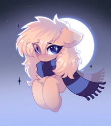 Size: 1364x1550 | Tagged: safe, artist:flixanoa, oc, oc only, oc:mirta whoowlms, pegasus, pony, blue eyes, chest fluff, clothes, cute, ear fluff, looking at you, moon, ocbetes, scarf, solo, sparkly eyes, striped scarf, wingding eyes