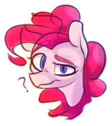 Size: 2500x2800 | Tagged: safe, artist:packy paca, pinkie pie, earth pony, pony, g4, bust, eyebrows, eyebrows visible through hair, female, high res, looking at you, mare, portrait, question mark, raised eyebrow, simple background, solo, transparent background