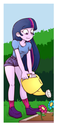 Size: 1065x2348 | Tagged: safe, artist:oyedraws, twilight sparkle, equestria girls, g4, clothes, cute, dirt, female, flower, garden, gardening, shoes, shorts, smiling, solo, twiabetes, watering, watering can