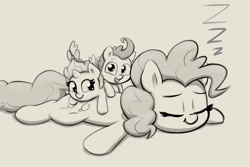 Size: 1996x1332 | Tagged: safe, artist:heretichesh, pinkie pie, pound cake, pumpkin cake, earth pony, pegasus, pony, unicorn, g4, colt, cute, diapinkes, eyes closed, female, filly, foal, grayscale, lying down, male, mare, monochrome, older, older pound cake, older pumpkin cake, onomatopoeia, open mouth, open smile, prone, simple background, smiling, sound effects, sploot, trio, white background, zzz
