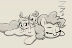 Size: 1996x1332 | Tagged: safe, artist:heretichesh, pinkie pie, pound cake, pumpkin cake, earth pony, pegasus, pony, unicorn, colt, cute, diapinkes, eyes closed, female, filly, foal, grayscale, lying down, male, mare, monochrome, older, older pound cake, older pumpkin cake, onomatopoeia, open mouth, open smile, prone, simple background, smiling, sound effects, sploot, trio, white background, zzz