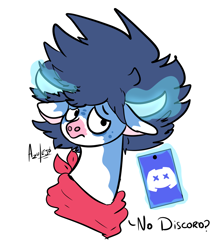 Size: 1400x1600 | Tagged: safe, artist:azulejo, oc, oc only, oc:azulejo, bull, artificial horn, augmented, bandana, bovine, cellphone, discord (program), horn, horns, magic, phone, sad face, simple background, smartphone, solo, text, white background