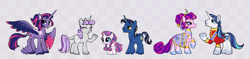 Size: 1855x441 | Tagged: safe, artist:deadmouseseverywhere, night light, princess cadance, princess flurry heart, shining armor, twilight sparkle, twilight velvet, alicorn, pony, unicorn, g4, alternate design, base used, checkered background, family, female, filly, filly flurry heart, foal, leonine tail, male, mare, older, older flurry heart, ship:nightvelvet, ship:shiningcadance, shipping, sparkle family, stallion, straight, tail, twilight sparkle (alicorn), unshorn fetlocks