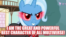 Size: 1280x720 | Tagged: safe, edit, edited screencap, screencap, trixie, pony, unicorn, g4, magic duel, alicorn amulet, cape, caption, clothes, evil grin, evil trixie, female, glowing, glowing eyes, grin, mare, smiling, solo, text