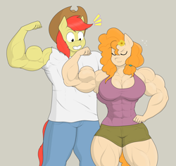Size: 2048x1935 | Tagged: safe, artist:matchstickman, bright mac, pear butter, earth pony, anthro, g4, abs, armpits, bean mouth, biceps, breasts, busty pear butter, clothes, deltoids, duo, female, flexing, gray background, jeans, male, mare, matchstickman's pear buffer series, might mac, muscles, muscular female, muscular male, pants, pear buffer, pecs, ship:brightbutter, shipping, shirt, simple background, stallion, straight, thighs, thunder thighs