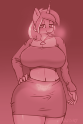 Size: 710x1064 | Tagged: safe, artist:bumpywish, oc, oc only, oc:angular, unicorn, anthro, bedroom eyes, belly button, big breasts, blushing, breasts, clothes, digital art, disguise, disguised changeling, female, hand on hip, horn, huge breasts, monochrome, pose, skirt, solo, tank top, tattoo, thighs, wide hips, womb tattoo