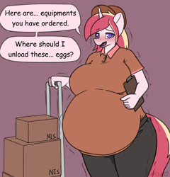 Size: 1342x1397 | Tagged: safe, artist:bumpywish, oc, oc only, oc:angular, unicorn, anthro, amniotic fluid, bedroom eyes, belly, big belly, big breasts, blushing, box, breasts, clothes, dialogue, digital art, female, horn, huge breasts, imminent birth, looking at you, mail, mailmare, open mouth, pants, pregnant, shirt, solo, speech bubble, tail, talking, text, thighs, waterbreak, working