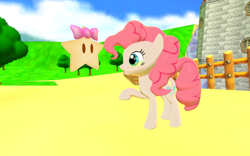 Size: 1680x1050 | Tagged: safe, artist:cuteyoshilover, pinkie pie, earth pony, pony, g4, 3d, barely pony related, crossover, gmod, looking at each other, looking at someone, mamar, mushroom kingdom, paper mario, princess peach's castle, super mario bros.