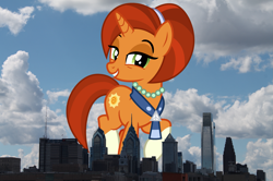 Size: 2401x1599 | Tagged: safe, artist:cheezedoodle96, artist:thegiantponyfan, edit, stellar flare, pony, unicorn, g4, coat markings, female, giant pony, giant stellar flare, giant unicorn, giantess, highrise ponies, irl, jewelry, looking at you, macro, mare, mega giant, necklace, pearl necklace, pennsylvania, philadelphia, photo, ponies in real life, smiling, socks (coat markings), story included