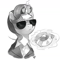 Size: 1871x1871 | Tagged: safe, artist:egil, starlight glimmer, pony, unicorn, g4, burger, clothes, food, glowing, glowing horn, hamburger, horn, monochrome, solo, suit, sunglasses