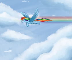 Size: 1200x1000 | Tagged: safe, artist:maravor, rainbow dash, pegasus, pony, g4, cloud, female, flying, mare, rainbow trail, sky, solo