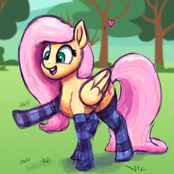 Size: 3000x3000 | Tagged: safe, artist:phutashi, fluttershy, pegasus, pony, g4, clothes, colored sketch, cute, female, floating heart, folded wings, heart, high res, mare, open mouth, open smile, outdoors, shyabetes, smiling, socks, solo, stockings, striped socks, thigh highs, wings