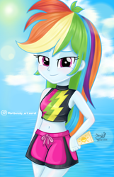 Size: 652x1014 | Tagged: safe, artist:fluttershy_art.nurul, rainbow dash, equestria girls, equestria girls specials, g4, my little pony equestria girls: better together, my little pony equestria girls: forgotten friendship, belly button, clothes, female, ocean, sleeveless, solo, sunscreen, swimming trunks, swimsuit, water