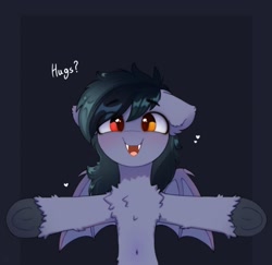 Size: 1479x1435 | Tagged: safe, artist:flixanoa, oc, oc only, oc:scrimmy, bat pony, pony, bat pony oc, belly button, bipedal, chest fluff, fluffy, heterochromia, hug request, solo