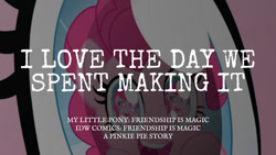 Size: 1280x720 | Tagged: safe, edit, editor:quoterific, idw, pinkie pie, earth pony, pony, g4, a pinkie pie story, female, mare, open mouth, open smile, reflection, smiling, solo, text