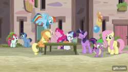 Size: 640x360 | Tagged: safe, screencap, applejack, discord, fluttershy, pinkie pie, rainbow dash, rarity, spike, trixie, twilight sparkle, alicorn, draconequus, dragon, earth pony, flying pig, pegasus, pig, pony, unicorn, g4, season 6, to where and back again, animated, applejack's hat, balloon, clothes, cowboy hat, eyes closed, female, flying, gif, gifs.com, hat, magic, male, mane seven, mane six, mare, open mouth, open smile, party balloon, shrunken pupils, smiling, spread wings, telekinesis, trixie's hat, twilight sparkle (alicorn), wings
