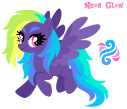 Size: 1920x1635 | Tagged: safe, artist:kabuvee, oc, oc only, oc:neon glow, pegasus, pony, eyelashes, female, flying, full body, hooves, lineless, mare, multicolored mane, multicolored tail, pegasus oc, simple background, smiling, solo, spread wings, tail, transparent background, wings