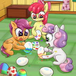 Size: 1000x1000 | Tagged: safe, artist:candyclumsy, apple bloom, scootaloo, sweetie belle, earth pony, pegasus, pony, unicorn, g4, adorabloom, blank flank, cute, cutealoo, cutie mark crusaders, diasweetes, easter egg, female, filly, foal, happy, open mouth, paint, painting, smiling, tongue out, treehouse