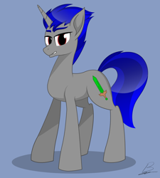 Size: 1800x2000 | Tagged: safe, artist:benzayngcup, oc, oc only, oc:enigan, pony, unicorn, blue background, full body, hooves, horn, shading, shadow, signature, simple background, solo, standing, unicorn oc