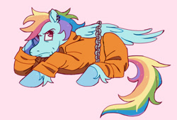 Size: 1086x736 | Tagged: dead source, safe, artist:universalheart, rainbow dash, pegasus, pony, g4, bound wings, chained, chains, clothes, grumpy, never doubt rainbowdash69's involvement, prison outfit, prisoner rd, solo, wings