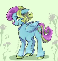 Size: 1145x1207 | Tagged: safe, artist:sp00kberry, thistle whistle, pegasus, pony, colored hooves, folded wings, raised hoof, redesign, solo, unshorn fetlocks, wings