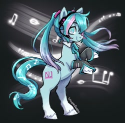 Size: 1116x1092 | Tagged: safe, artist:sp00kberry, earth pony, pony, anime, cute, hair ornament, hatsune miku, headphones, music notes, necktie, ponified, solo, vocaloid