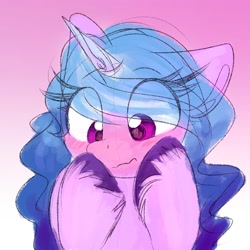 Size: 2000x2000 | Tagged: safe, artist:lbrcloud, izzy moonbow, pony, unicorn, g5, blushing, bust, gradient background, high res, portrait, solo, wavy mouth