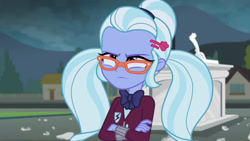 Size: 3410x1920 | Tagged: safe, screencap, sugarcoat, equestria girls, g4, my little pony equestria girls: friendship games, crossed arms, female, glasses, high res, pigtails, solo, statue, sugarcoat is not amused, twintails, unamused