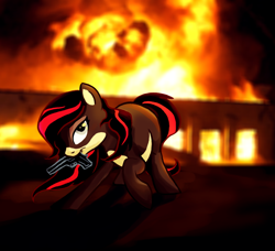 Size: 824x750 | Tagged: safe, artist:bedupolker, oc, oc only, earth pony, pony, cool guys don't look at explosions, explosion, gun, handgun, mouth hold, pistol, solo