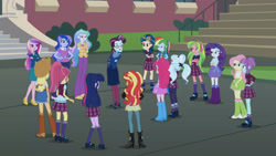 Size: 3410x1920 | Tagged: safe, screencap, applejack, dean cadance, fluttershy, indigo zap, lemon zest, pinkie pie, princess cadance, princess celestia, princess luna, principal abacus cinch, principal celestia, rainbow dash, rarity, sci-twi, sour sweet, sugarcoat, sunny flare, sunset shimmer, twilight sparkle, vice principal luna, equestria girls, g4, my little pony equestria girls: friendship games, applejack's hat, belt, boots, bracelet, canterlot high, clothes, cowboy boots, cowboy hat, crossed arms, cutie mark on clothes, denim skirt, female, hairpin, hand on hip, hat, high heel boots, high res, humane five, humane seven, humane six, jacket, jewelry, leather, leather jacket, shoes, skirt