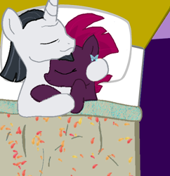 Size: 544x563 | Tagged: safe, artist:chelsea rivers, artist:decokenite, chancellor neighsay, fizzlepop berrytwist, tempest shadow, pony, unicorn, g4, base used, bed, blanket, duo, ear piercing, earring, eyes closed, facial hair, female, hug, hugging a pony, jewelry, lidded eyes, lying down, male, mare, pattern, piercing, room, shipping, shipping fuel, smiling, stallion, straight, tempest neighsay, touching hooves