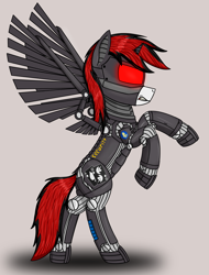 Size: 2133x2812 | Tagged: safe, artist:enteryourponyname, oc, oc:blackjack, cyborg, pony, fallout equestria, fallout equestria: project horizons, ace of spades, amputee, angry, artificial alicorn, artificial wings, augmented, cyber eyes, cyber legs, cybernetic legs, female, glowing, glowing eyes, high res, level 4 (alicorn eclipse) (project horizons), mare, mechanical wing, playing card, simple background, solo, wings