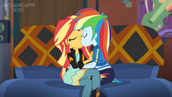 Size: 8000x4500 | Tagged: safe, artist:metalhead97, rainbow dash, sunset shimmer, human, equestria girls, equestria girls series, clothes, commission, couch, dress, duo, duo female, eyes closed, female, hoodie, kiss on the lips, kissing, lesbian, love, making out, poster, shipping, show accurate, sunsetdash