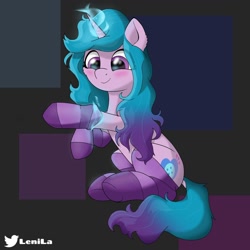 Size: 1320x1320 | Tagged: safe, artist:lenilahighlight, izzy moonbow, pony, unicorn, g5, abstract background, blushing, clothes, cute, female, glowing, glowing horn, horn, izzybetes, looking at something, magic, mare, simple background, sitting, smiling, socks, solo, striped socks
