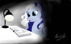 Size: 1280x800 | Tagged: safe, artist:adolphusarthuro, silver glow, pegasus, pony, fanfic:silver glow's journal, g3, book, fanfic art, female, lamp, looking down, mare, mouth hold, pencil in mouth, signature, solo, starry eyes, wingding eyes