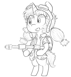 Size: 670x730 | Tagged: safe, artist:cherro, oc, oc only, oc:nina rauser, pony, unicorn, bipedal, clothes, flamethrower, hawaiian shirt, shirt, simple background, solo, weapon, white background