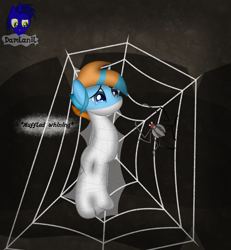 Size: 3840x4154 | Tagged: safe, artist:damlanil, oc, oc only, oc:frizzen, alicorn, pony, spider, bondage, bound, cave, cocoon, colt, colt prey, commission, crying, descriptive noise, foal, gag, horn, male, muffled moaning, no mouth, onomatopoeia, show accurate, solo, spider web, suspended, suspension bondage, vector, web gag