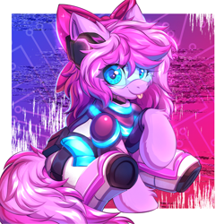 Size: 3000x3000 | Tagged: safe, artist:ask-colorsound, oc, oc only, oc:lillybit, pony, abstract background, adorkable, bow, commission, cute, dork, female, gaming headset, glitch art, headphones, headset, high res, mare, outfit, raised hoof, ribbon, sitting, tongue out, ych result