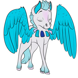 Size: 894x894 | Tagged: safe, artist:radioactivemantaray, pegasus, pony, blue wings, collar, colored hooves, eyes closed, gradient legs, gray coat, short mane, simple background, solo, unshorn fetlocks, webkinz, white background, wings