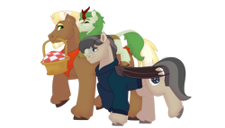 Size: 1280x732 | Tagged: safe, artist:itstechtock, oc, oc:emerald grove, oc:stoutheart, oc:waxing lyrical, bat pony, kirin, pony, basket, picnic basket, simple background, transparent background