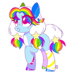 Size: 1926x1925 | Tagged: safe, artist:inochizuna, oc, earth pony, original species, plush pony, pony, accessory, adoptable, blue coat, brand, colored eyelashes, colored hooves, digital art, hair accessory, hairclip, multicolored coat, multicolored hair, multicolored mane, patch, pigtails, plushie, rainbow hair, red eyes, simple background, solo, stars, stitches, transparent background, twintails, w, webkinz, white mane
