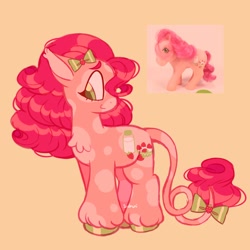 Size: 1450x1448 | Tagged: safe, artist:lemoocado, strawberry surprise, earth pony, pony, g1, bow, hair bow, leonine tail, orange background, simple background, solo, tail, tail bow